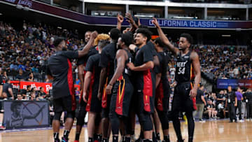 SACRAMENTO, CA - JULY 5: Miami Heat huddle before the game against the Sacramento Kings during the 2018 Summer League at the Golden 1 Center on July 5, 2018 in Sacramento, California. NOTE TO USER: User expressly acknowledges and agrees that, by downloading and or using this photograph, User is consenting to the terms and conditions of the Getty Images License Agreement. Mandatory Copyright Notice: Copyright 2018 NBAE (Photo by Rocky Widner/NBAE via Getty Images)