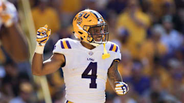 BATON ROUGE, LA - OCTOBER 14: K'Lavon Chaisson #4 of the LSU Tigers on the field during a game against the Auburn Tigers at Tiger Stadium on October 14, 2017 in Baton Rouge, Louisiana. LSU defeated the Auburn 27-23. (Photo by Wesley Hitt/Getty Images)
