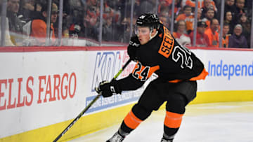 Feb 21, 2022; Philadelphia, Pennsylvania, USA; Philadelphia Flyers defenseman Nick Seeler (24) against the Carolina Hurricanes at Wells Fargo Center. Mandatory Credit: Eric Hartline-USA TODAY Sports