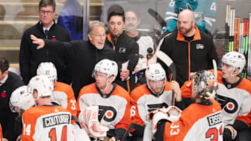 Nov 7, 2023; San Jose, California, USA; Philadelphia Flyers head coach John Tortorella instructs goaltender Samuel Ersson (33) during the third period against the San Jose Sharks at SAP Center at San Jose. Mandatory Credit: Robert Edwards-USA TODAY Sports