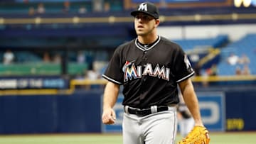 May 26, 2016; St. Petersburg, FL, USA; Miami Marlins starting pitcher Jose Fernandez (16) walks back to the dugout against the Tampa Bay Rays at Tropicana Field. Mandatory Credit: Kim Klement-USA TODAY Sports