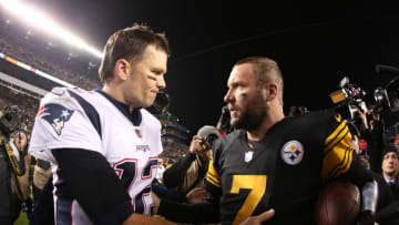 Dec 16, 2018; Pittsburgh, PA, USA; New England Patriots quarterback Tom Brady (12) and Pittsburgh Steelers quarterback Ben Roethlisberger (7) meet at mid-field after playing at Heinz Field. Pittsburgh won 17-10. Mandatory Credit: Charles LeClaire-USA TODAY Sports