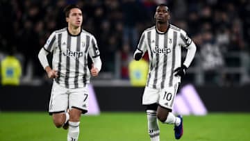 ALLIANZ STADIUM, TURIN, ITALY - 2023/02/28: Paul Pogba (R) of Juventus FC is seen next to Federico Chiesa of Juventus FC during the Serie A football match between Juventus FC and Torino FC. Juventus FC won 4-2 over Torino FC. (Photo by Nicolò Campo/LightRocket via Getty Images)