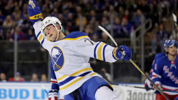 Apr 10, 2023; New York, New York, USA; Buffalo Sabres right wing JJ Peterka (77) celebrates his goal against the New York Rangers during the first period at Madison Square Garden. Mandatory Credit: Brad Penner-USA TODAY Sports