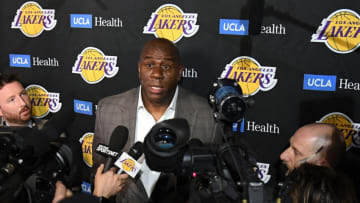 LOS ANGELES, CALIFORNIA - APRIL 09: Magic Johnson reacts as he speaks to the press resigning as Los Angeles Lakers President of Basketball Operations before the game against the Portland Trail Blazers at Staples Center on April 09, 2019 in Los Angeles, California. (Photo by Harry How/Getty Images) NOTE TO USER: User expressly acknowledges and agrees that, by downloading and or using this photograph, User is consenting to the terms and conditions of the Getty Images License Agreement.