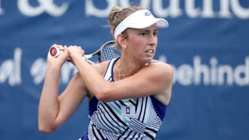 NEW YORK, NEW YORK - AUGUST 23: Elise Mertens of Belgium returns a shot to Rebecca Peterson of Sweden during the Western & Southern Open at the USTA Billie Jean King National Tennis Center on August 23, 2020 in New York City. (Photo by Matthew Stockman/Getty Images)