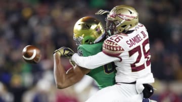 SOUTH BEND, IN - NOVEMBER 10: Asante Samuel Jr. #26 of the Florida State Seminoles breaks up a pass against Chase Claypool #83 of the Notre Dame Fighting Irish in the first quarter of the game at Notre Dame Stadium on November 10, 2018 in South Bend, Indiana. (Photo by Joe Robbins/Getty Images)