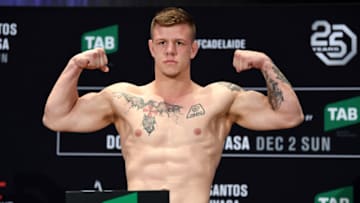 ADELAIDE, AUSTRALIA - NOVEMBER 30: Jim Crute of Australia poses on the scale during the UFC Fight Night weigh-in event at Hilton Adelaide on November 30, 2018 in Adelaide, Australia. (Photo by Jeff Bottari/Zuffa LLC/Zuffa LLC via Getty Images)