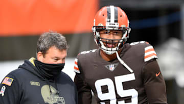 CLEVELAND, OHIO - NOVEMBER 15: Myles Garrett #95 of the Cleveland Browns looks on during warmups prior to the game against the Houston Texans at FirstEnergy Stadium on November 15, 2020 in Cleveland, Ohio. (Photo by Jamie Sabau/Getty Images)