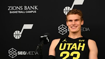SALT LAKE CITY, UTAH - OCTOBER 02: Lauri Markkanen #23 of the Utah Jazz speaks during the Utah Jazz Media Day at Zions Bank Basketball Campus on October 02, 2023 in Salt Lake City, Utah. NOTE TO USER: User expressly acknowledges and agrees that, by downloading and or using this photograph, User is consenting to the terms and conditions of the Getty Images License Agreement. (Photo by Alex Goodlett/Getty Images)
