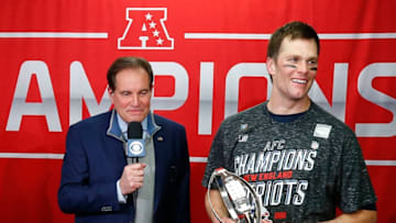 KANSAS CITY, MISSOURI - JANUARY 20: Tom Brady #12 of the New England Patriots celebrates with the Lamar Hunt Trophy after defeating the Kansas City Chiefs in overtime during the AFC Championship Game at Arrowhead Stadium on January 20, 2019 in Kansas City, Missouri. The Patriots defeated the Chiefs 37-31. (Photo by Jamie Squire/Getty Images)