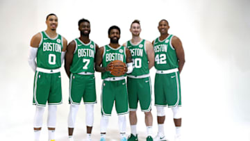 CANTON, MA - SEPTEMBER 24: From left Jayson Tatum #0, Jaylen Brown #7, Kyrie Irving #11, Gordon Hayward #20 and Al Horford #42 pose together for a photo during Boston Celtics Media Day on September 24, 2018 in Canton, Massachusetts. NOTE TO USER: User expressly acknowledges and agrees that, by downloading and/or using this photograph, user is consenting to the terms and conditions of the Getty Images License Agreement. (Photo by Maddie Meyer/Getty Images)