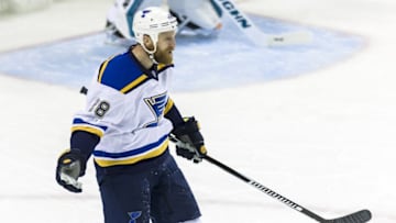 May 21, 2016; San Jose, CA, USA; St. Louis Blues center Kyle Brodziak (28) celebrates scoring against the San Jose Sharks in the second period of game four of the Western Conference Final of the 2016 Stanley Cup Playoffs at SAP Center at San Jose. Mandatory Credit: John Hefti-USA TODAY Sports