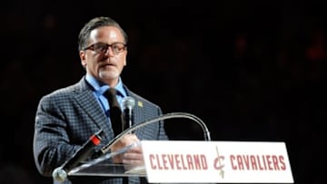 Mar 8, 2014; Cleveland, OH, USA; Cleveland Cavaliers owner Dan Gilbert speaks during the jersey retirement ceremony for Zydrunas Ilgauskas (not pictured) at Quicken Loans Arena. Mandatory Credit: David Richard-USA TODAY Sports