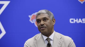 GREENBURG, NY June 3: The New York Knicks Steve Mills introduces Jeff Hornacek as their new head coach during a press conference at the Knicks Practice Center on June 3, 2016 in Greenburg, New York. NOTE TO USER: User expressly acknowledges and agrees that, by downloading and/or using this photograph, user is consenting to the terms and conditions of the Getty Images License Agreement. Mandatory Copyright Notice: Copyright 2016 NBAE (Photo by Steven Freeman/NBAE via Getty Images)