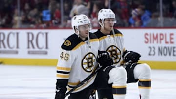 Nov 8, 2016; Montreal, Quebec, CAN; Boston Bruins forward David Krejci (46) and teammate David Pastrnak (88) during the warmup period before the game against the Montreal Canadiens at the Bell Centre. Mandatory Credit: Eric Bolte-USA TODAY Sports
