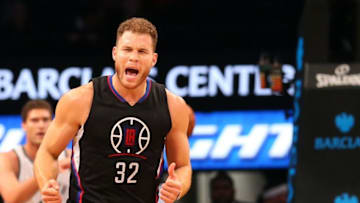 Dec 12, 2015; Brooklyn, NY, USA; Los Angeles Clippers forward Blake Griffin (32) reacts after a basket during the first quarter against the Brooklyn Nets at Barclays Center. Mandatory Credit: Anthony Gruppuso-USA TODAY Sports