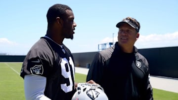 Jun 15, 2016; Alameda, CA, USA; Oakland Raiders linebacker Shilique Calhoun (91) and coach Jack Del Rio at minicamp at the Raiders practice facility. Mandatory Credit: Kirby Lee-USA TODAY Sports
