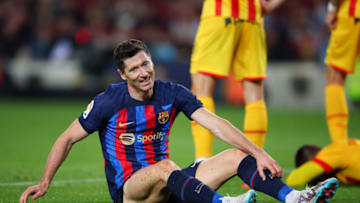 BARCELONA, SPAIN - APRIL 10: Robert Lewandowski FC Barcelona reacts during the LaLiga Santander match between FC Barcelona and Girona FC at Spotify Camp Nou on April 10, 2023 in Barcelona, Spain. (Photo by Eric Alonso/Getty Images)
