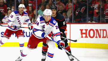 RALEIGH, NORTH CAROLINA - MAY 20: Kaapo Kakko #24 of the New York Rangers skates against the Carolina Hurricanes in Game Two of the Second Round of the 2022 Stanley Cup Playoffs at PNC Arena on May 20, 2022 in Raleigh, North Carolina. The Hurricanes shutout the Rangers 2-0. (Photo by Bruce Bennett/Getty Images)