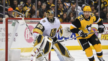 PITTSBURGH, PA - OCTOBER 19: Pittsburgh Penguins Right Wing Patric Hornqvist (72) set up in front of Vegas Golden Knights Goalie Marc-Andre Fleury (29) during the second period in the NHL game between the Pittsburgh Penguins and the Vegas Golden Knights on October 19, 2019, at PPG Paints Arena in Pittsburgh, PA. (Photo by Jeanine Leech/Icon Sportswire via Getty Images)