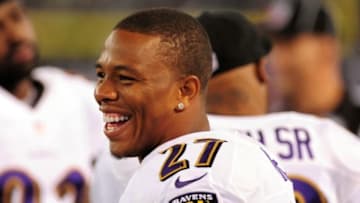 Aug 7, 2014; Baltimore, MD, USA; Baltimore Ravens running back Ray Rice (27) smiles during the game against the San Francisco 49ers at M&T Bank Stadium. Mandatory Credit: Evan Habeeb-USA TODAY Sports