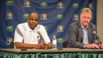 May 16, 2016; Indianapolis, IN, USA; Indiana Pacers new head coach Nate McMillan and president of basketball operations Larry Bird speak to the press during a press conference at Bankers Life Fieldhouse. Mandatory Credit: Trevor Ruszkowski-USA TODAY Sports