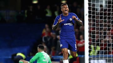 LONDON, ENGLAND - SEPTEMBER 20: Kenedy of Chelsea celebrates scoring his sides first goal during the Carabao Cup Third Round match between Chelsea and Nottingham Forest at Stamford Bridge on September 19, 2017 in London, England. (Photo by Bryn Lennon/Getty Images)