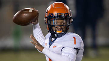 STATE COLLEGE, PA - DECEMBER 19:Isaiah Williams #1 of the Illinois Fighting Illini looks to pass against the Penn State Nittany Lions during the second half at Beaver Stadium on December 19, 2020 in State College, Pennsylvania. (Photo by Scott Taetsch/Getty Images)