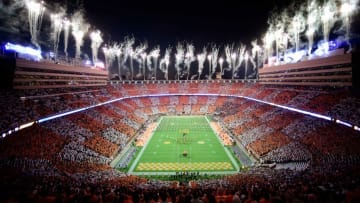 Fireworks are set off before an SEC football game between Tennessee and Ole Miss in a checkered Neyland Stadium in Knoxville, Tenn. on Saturday, Oct. 16, 2021.Kns Tennessee Ole Miss Football