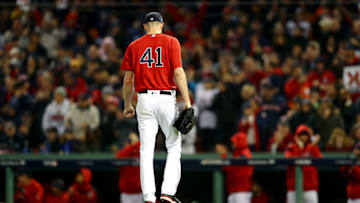 BOSTON, MA - OCTOBER 13: Chris Sale #41 of the Boston Red Sox walks off the field after the top of the fourth inning against the Houston Astros in Game One of the American League Championship Series at Fenway Park on October 13, 2018 in Boston, Massachusetts. (Photo by Tim Bradbury/Getty Images)