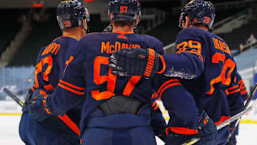 Edmonton Oilers Celebrating a Goal. Mandatory Credit: Perry Nelson-USA TODAY Sports