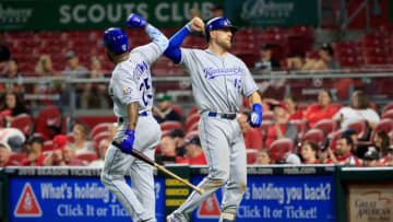 CINCINNATI, OH - SEPTEMBER 25: Hunter Dozier #17 of the Kansas City Royals celebrates with Brian Goodwin #25 after hitting the game winning home run in the 9th inning against the Cincinnati Reds at Great American Ball Park on September 25, 2018 in Cincinnati, Ohio. The Royals won 4-3. (Photo by Andy Lyons/Getty Images)