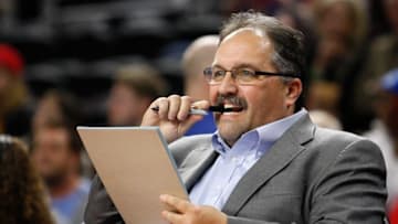 Jan 4, 2016; Auburn Hills, MI, USA; Detroit Pistons head coach Stan Van Gundy bites on a pen cap before the game against the Orlando Magic at The Palace of Auburn Hills. Pistons win 115-89. Mandatory Credit: Raj Mehta-USA TODAY Sports