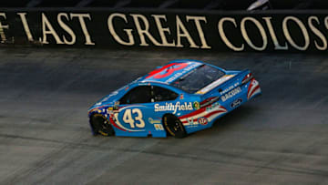 BRISTOL, TN - AUGUST 19: Aric Almirola, driver of the #43 Smithfield Ford, wrecks during the Monster Energy NASCAR Cup Series Bass Pro Shops NRA Night Race at Bristol Motor Speedway on August 19, 2017 in Bristol, Tennessee. (Photo by Sean Gardner/Getty Images)