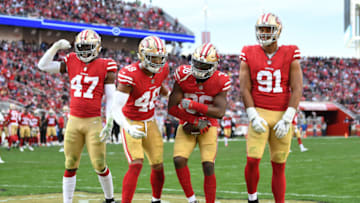 SANTA CLARA, CA - DECEMBER 23: Marcell Harris #36 of the San Francisco 49ers celebrates after a fumble recovery against the Chicago Bears during their NFL game at Levi's Stadium on December 23, 2018 in Santa Clara, California. The fumble would be overturned on review. (Photo by Robert Reiners/Getty Images)