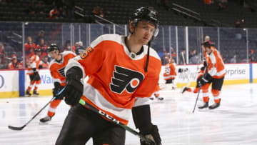 PHILADELPHIA, PA - DECEMBER 03: James van Riemsdyk #25 of the Philadelphia Flyers looks on prior to the game against the Toronto Maple Leafs at the Wells Fargo Center on December 3, 2019 in Philadelphia, Pennsylvania. (Photo by Mitchell Leff/Getty Images)
