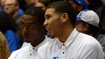 Nov 11, 2016; Durham, NC, USA; Injured Duke Blue Devils forward Harry Giles (left) and forward Jayson Tatum talk on the bench during the second half against the Marist Red Foxes at Cameron Indoor Stadium. Duke won 94-49. Mandatory Credit: Rob Kinnan-USA TODAY Sports