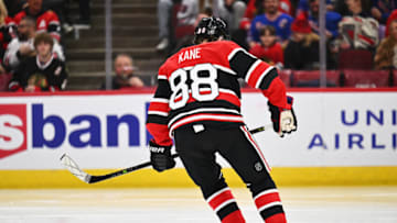 CHICAGO, ILLINOIS - DECEMBER 18: Patrick Kane #88 of the Chicago Blackhawks skates against the New York Rangers on December 18, 2022 at United Center in Chicago, Illinois. New York defeated Chicago 7-1. (Photo by Jamie Sabau/Getty Images)