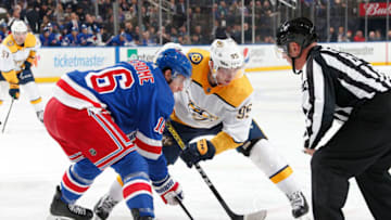 NEW YORK, NY - DECEMBER 16: Ryan Strome #16 of the New York Rangers faces off against Matt Duchene #95 of the Nashville Predators at Madison Square Garden on December 16, 2019 in New York City. (Photo by Jared Silber/NHLI via Getty Images)