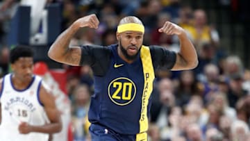 INDIANAPOLIS, IN - APRIL 05: Trevor Booker #20 of the Indiana Pacers celebrates against the Golden State Warrriors during the game at Bankers Life Fieldhouse on April 5, 2018 in Indianapolis, Indiana. NOTE TO USER: User expressly acknowledges and agrees that, by downloading and or using this photograph, User is consenting to the terms and conditions of the Getty Images License Agreement. (Photo by Andy Lyons/Getty Images)