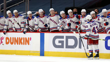WASHINGTON, DC - MARCH 28: Colin Blackwell #43 of the New York Rangers celebrates a third period goal against the Washington Capitals at Capital One Arena on March 28, 2021 in Washington, DC. (Photo by Rob Carr/Getty Images)