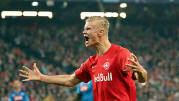Salzburg's Norwegian forward Erling Haaland reacts during the UEFA Champions League Group E football match FC Red Bull Salzburg v SSC Napoli on 23 October 2019 in Salzburg, Austria. (Photo by STRINGER / various sources / AFP) / Austria OUT (Photo by STRINGER/KRUGFOTO/AFP via Getty Images)