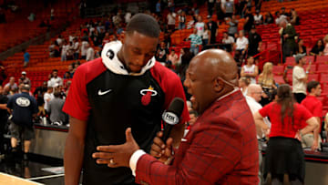 MIAMI, FL - OCTOBER 10: Bam Adebayo #13 of the Miami Heat talks with media against the New Orleans Pelicans during a pre-season game on October 10, 2018 at American Airlines Arena in Miami, Florida. NOTE TO USER: User expressly acknowledges and agrees that, by downloading and or using this Photograph, user is consenting to the terms and conditions of the Getty Images License Agreement. Mandatory Copyright Notice: Copyright 2018 NBAE (Photo by Oscar Baldizon/NBAE via Getty Images)