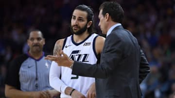 OAKLAND, CA - MARCH 25: Head coach Quin Snyder of the Utah Jazz talks with his player Ricky Rubio #3 against the Golden State Warriors during an NBA basketball game at ORACLE Arena on March 25, 2018 in Oakland, California. NOTE TO USER: User expressly acknowledges and agrees that, by downloading and or using this photograph, User is consenting to the terms and conditions of the Getty Images License Agreement. (Photo by Thearon W. Henderson/Getty Images)