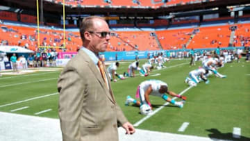 Oct 6, 2013; Miami Gardens, FL, USA; Miami Dolphins general manager Jeff Ireland walks the sideline prior to a game against the Baltimore Ravens at Sun Life Stadium. Mandatory Credit: Steve Mitchell-USA TODAY Sports