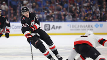 Apr 13, 2023; Buffalo, New York, USA; Ottawa Senators defenseman Artem Zub (2) looks to block a pass by Buffalo Sabres center Tage Thompson (72) during the second period at KeyBank Center. Mandatory Credit: Timothy T. Ludwig-USA TODAY Sports
