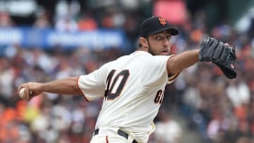 Apr 9, 2016; San Francisco, CA, USA; San Francisco Giants starting pitcher Madison Bumgarner (40) throws a pitch during the first inning against the Los Angeles Dodgers at AT&T Park. Mandatory Credit: Kenny Karst-USA TODAY Sports