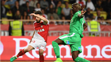 Monaco's Portuguese midfielder Bernardo Silva (L) vies with Saint-Etienne's French defender Florentin Pogba (R) during the French L1 football match Monaco (ASM) vs St Etienne (ASSE) on May 17, 2017, at the Louis II Stadium in Monaco. / AFP PHOTO / BORIS HORVAT (Photo credit should read BORIS HORVAT/AFP/Getty Images)