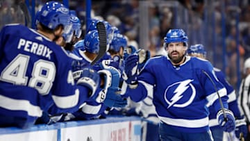 TAMPA, FLORIDA - APRIL 24: Alex Killorn #17 of the Tampa Bay Lightning celebrates a goal in the first period during Game Four of the First Round of the 2023 Stanley Cup Playoffs against the Toronto Maple Leafs at Amalie Arena on April 24, 2023 in Tampa, Florida. (Photo by Mike Ehrmann/Getty Images)